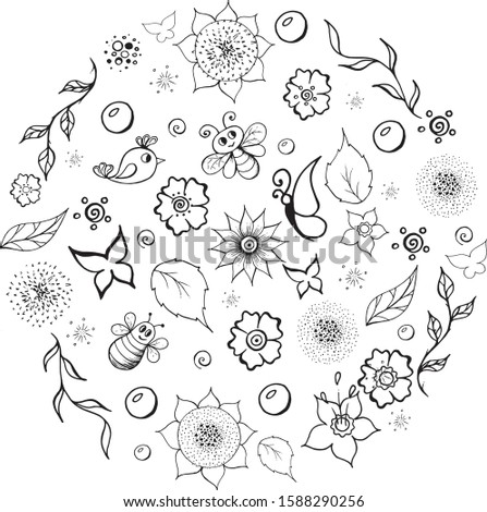 Summer set of doodles isolated on white background.
Vector illustrations. Butterfly,bee,flower,leaf,branch.