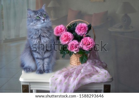 Beautiful gray kitty and basket with pink roses
