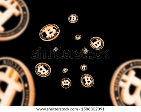 Bitcoin business. Gold Falling coins on black. Litecoin, Ethereum Cryptocurrency background. 