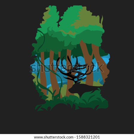 illustration of a deer in the middle of the forest at night