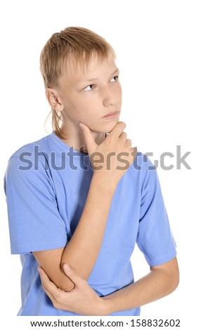 thinking teenager boy in blue on white background
