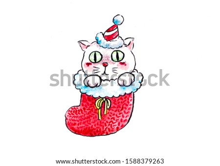 cute lovely little kitty in christmas dress hand paint watercolor