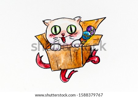 cute little kitty in christmas gift box hand paint watercolor