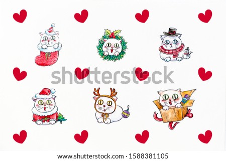 cute set of little kitty in christmas dress hand paint watercolor seamless pattern