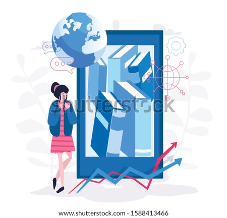 E-learning, young people are online education, library, online books store. book in internet device. Vector illustration for web banner, infographics, mobile.