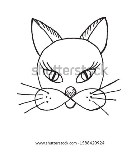 Simple vector freehand drawing with a black line, cute cat for baby design of stickers, tattoos, cards. Feline cartoon face isolated on a white background.