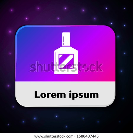 White Aftershave icon isolated on black background. Cologne spray icon. Male perfume bottle. Rectangle color button. 