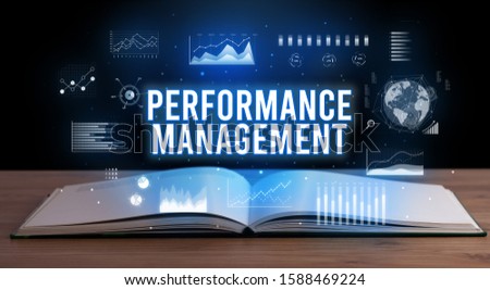 PERFORMANCE MANAGEMENT inscription coming out from an open book, creative business concept
