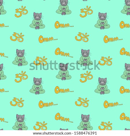 Seamless pattern of cats.  cat is meditating.  hand drawing with colored pencils. isolated on white background. Kids style. 