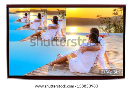 4K television display with comparison of resolutions  Royalty-Free Stock Photo #158850980