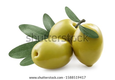Close-up of olives with olive leaves, isolated on white background Royalty-Free Stock Photo #1588519417