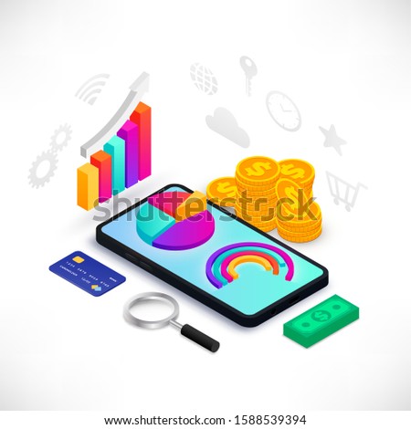 Financial strategic digital analytics isometric concept. 3d graph data on smartphone screen. Statistics information, marketing research for business. Vector illustration for app, web, infographic
