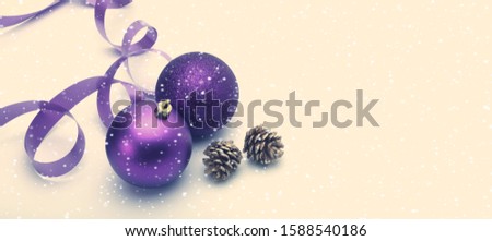 Violet New Year ball with snow. Vintage retro style. Horizontal long banner.