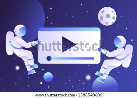 View and create video content. Two astronauts in space. Night sky. Vector cartoon illustration.