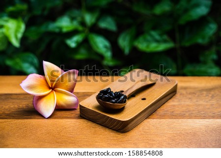 coffee beans in wooden spoon on wood backgrounds