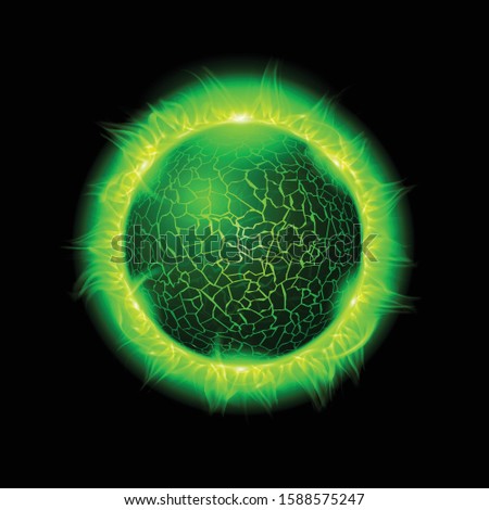 Illustration of a Green Fiery Ball of a Burning Star, Solar Disk. Solar Flare Burning Around Astrological Celestial At Galaxy Concept Illustration on Black Background