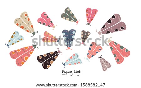 Collection of butterflies moth on white background. Scandinavian style background. For modern and original textile, wrapping paper for kids, postcards, invitations, posters