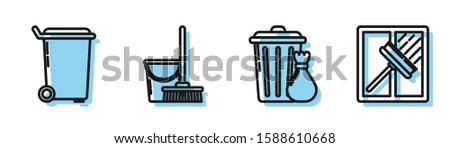 Set line Trash can and garbage bag , Trash can , Mop and bucket  and Squeegee, scraper, wiper icon. Vector