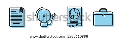 Set line World map on a school blackboard, File document and paper clip, Ringing alarm bell and Briefcase icon. Vector