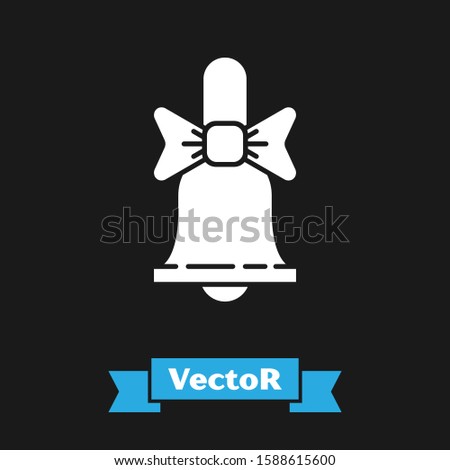 White Merry Christmas ringing bell icon isolated on black background. Alarm symbol, service bell, handbell sign, notification.  Vector Illustration