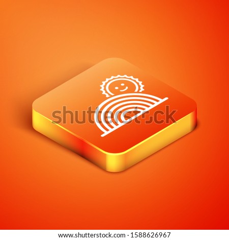 Isometric Rainbow with sun icon isolated on orange background.  Vector Illustration