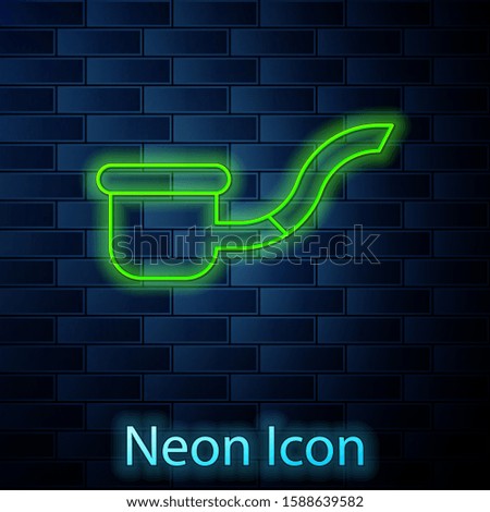 Glowing neon line Smoking pipe with smoke icon isolated on brick wall background. Tobacco pipe.  Vector Illustration