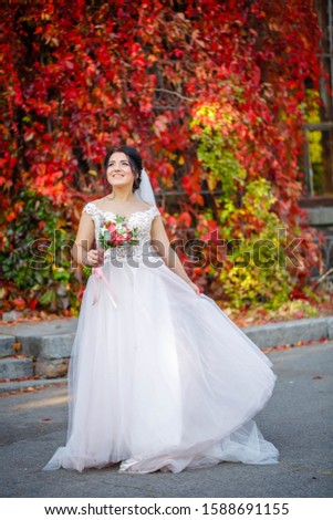 The bride portrait in the autumn forest. Bride in wedding dress on natural background. Wedding day.