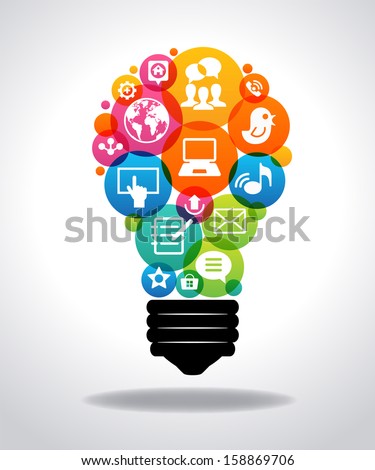 Modern infographic template. Colorful social media icons form the shape of the light bulb. File is saved in AI10 EPS version. This illustration contains a transparency.  