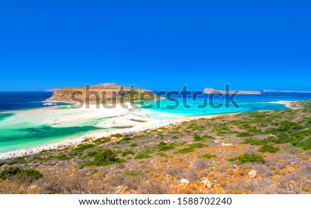 Amazing view of Balos Lagoon withmagical turquoise waters, lagoons, tropical beaches of pure white sand and Gramvousa island on Crete, Greece