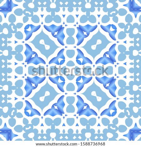 Decorative color ceramic azulejo tiles. Original design. Vector seamless pattern texture. Blue folk ethnic ornament for print, web background, surface texture, towels, pillows, wallpaper.