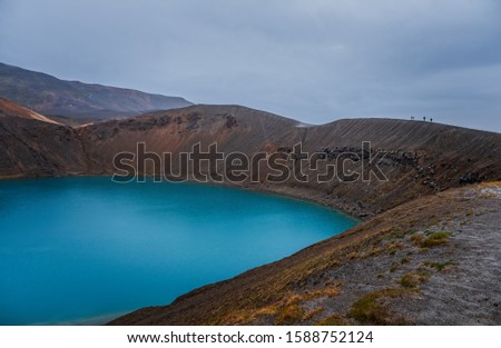 Amazing nature landscape, Viti crater in Krafla caldera, lake with emerald colored water, geothermal volcanic area, northern Iceland, Myvatn region. Scenic panoramic view, outdoor travel background