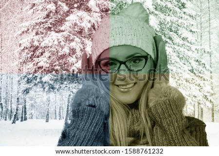 Happy woman in christmas atmosphere on colorful background