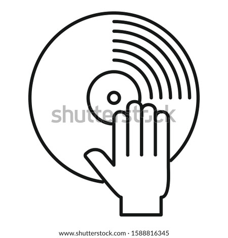 Hand on vinyl disk icon. Outline hand on vinyl disk vector icon for web design isolated on white background