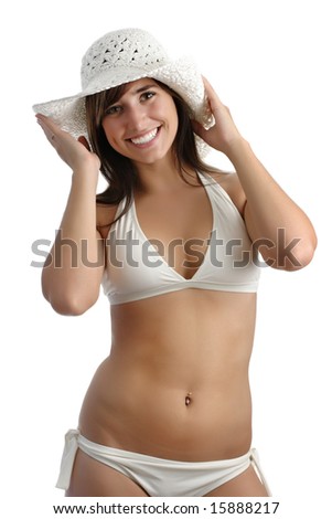 cute girl wearing white hat, isolated on white