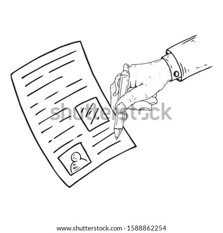 Male hand signs a document with a pen. Vector illustration the hand of a businessman holds a pen with a document. Male hand in a suit signs a document with a pen.
