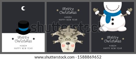 Merry christmas and happy new year greeting card. Cute christmas rosy snowman, deer and greeting lettering. Vector illustration.
