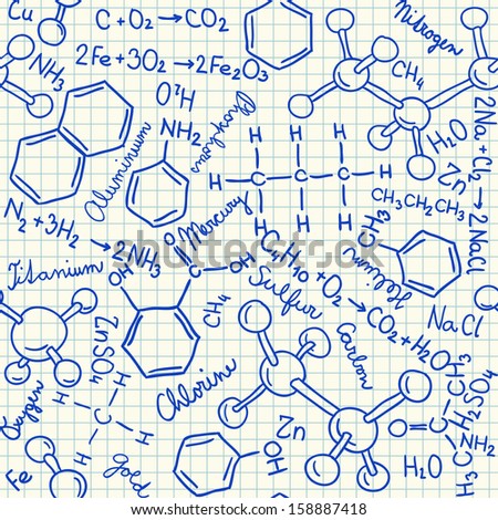 Chemical doodles on school squared paper, seamless pattern