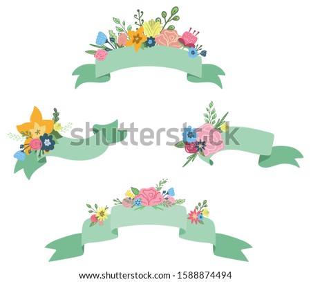 Hand drawn set of floral ribbon banners with bouquets of spring flowers, leaves and branches isolated  on a white background. Template of a greeting card and wedding invitation. Vector illustration.