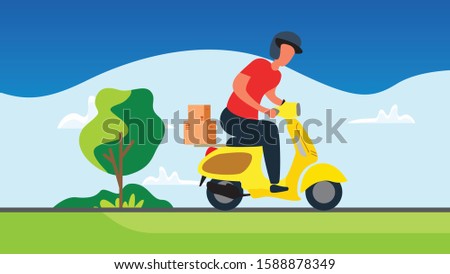 Food service. Fast and free delivery by scooter. Vector cartoon illustration.