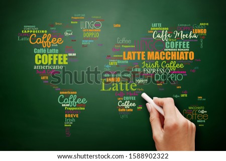 Coffee drinks word cloud in shape of World Map, concept background