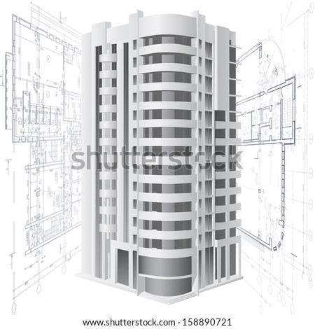 Architectural background with a 3D building model. Part of architectural project, architectural plan, technical project, construction plan 