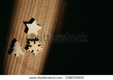 Art and craft image background with Eco-friendly Christmas decorations. Wood and paper textures. 