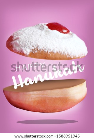 This is a picture of a donut that is a symbol of a Jewish holiday called Chanukah with a text that welcomes the holiday