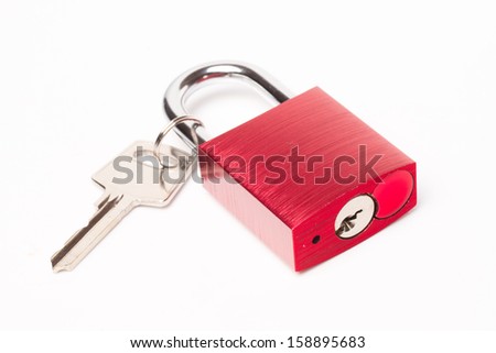 Red padlock closeup on white background