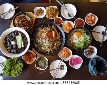 Top view of Korean food style dishes Royalty-Free Stock Photo #1588959085