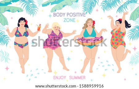 Dancing happy women in colorful swimming suits. Plus size girls and palm fronds border on white. Body positive zone, enjoy summer, beach party concept. Fun holiday background vector flat illustration.