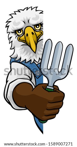 An eagle gardener cartoon gardening animal mascot holding a garden fork tool peeking round a sign