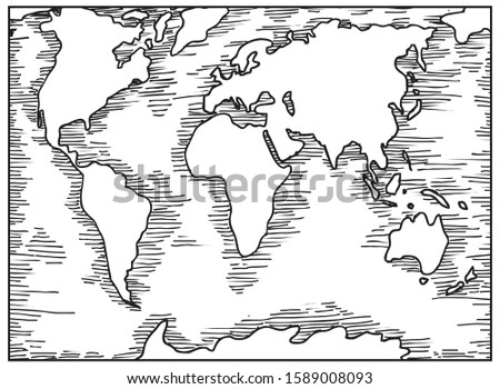 World map in hand drawn sketch style. Engraving black Asia, Europe, Africa, America, Australia.