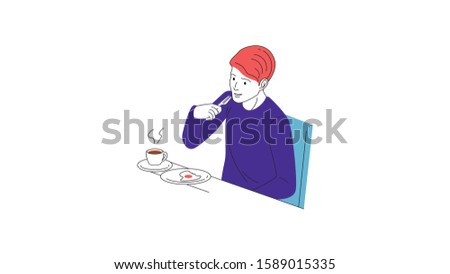 line vector illustration of person eating breakfast with sunny side egg and a cup of hot coffee, tea