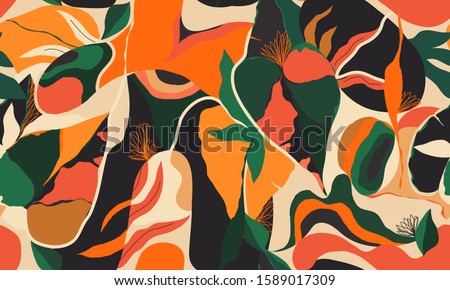 Modern exotic jungle plants illustration pattern. Creative collage contemporary floral seamless pattern. Fashionable template for design.